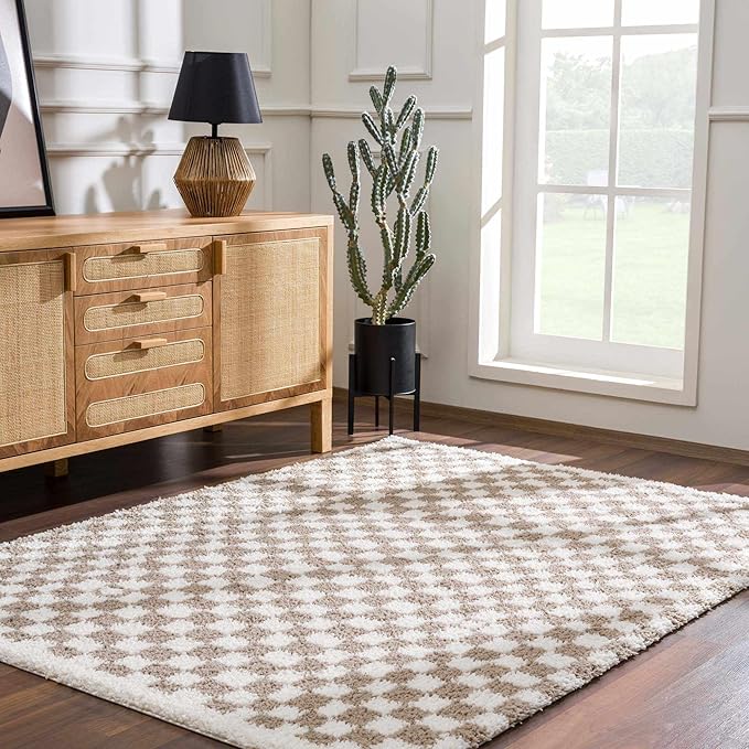 Hauteloom Kieu Contemporary Checkered Fluffy Shag Runner Rug - Modern Geometric Soft Carpet Tiles for Hallway, Kids Room, Nursery - Gray, Taupe, White - 2'7" x 7'3"
