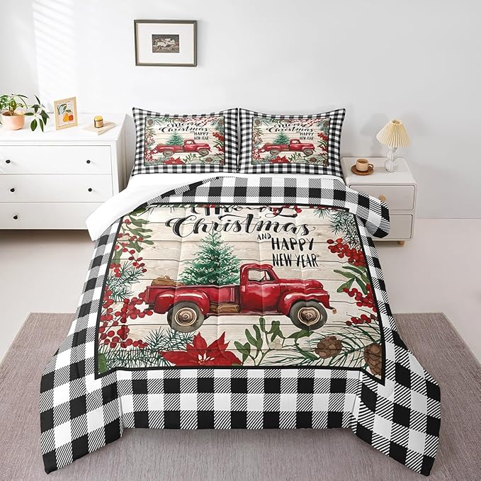 Manfei Red Truck Comforter Set Full Size, Christmas Theme New Year Quilt Set with 2 Pillowcases, Grey Plaid Print Bedding Set 3pcs for Kids Boys Girls Bedroom Decor