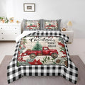 Manfei Red Truck Comforter Set Full Size, Christmas Theme New Year Quilt Set with 2 Pillowcases, Grey Plaid Print Bedding Set 3pcs for Kids Boys Girls Bedroom Decor