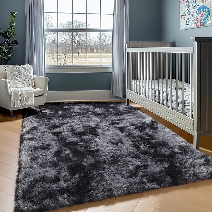 ONASAR Area Rugs 9x12 Living Room, Tie-Dyed Dark Grey Large Fluffy Bedroom Rug, Washable Soft Plush Thick Shaggy Big Floor Carpet for Kids Boy Girls Teen Dorm Nursery Indoor Home Decor Aesthetic