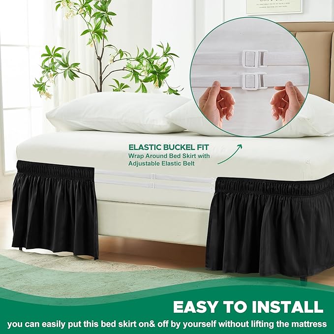Biscaynebay Wrap Around Bed Skirts for Twin & Twin XL Beds 15" Drop, Black Adjustable Elastic Dust Ruffles Easy Fit Wrinkle & Fade Resistant Silky Luxurious Fabric Machine Washable