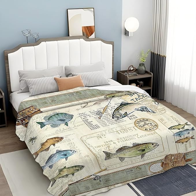 Tijuboni Fishing Throw Blanket Cabin Fishing Gifts for Men Boys Women Girls Adults Kids Soft Flannel Fleece Blanket for Couch Sofa Bed Home Decor 60"x80"