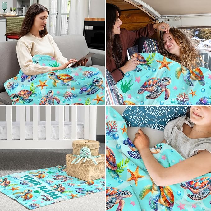 Custom Sea Turtle Gifts for Women - 60" x 80" Inches Turtle Blanket for Adult - Green Warm Furry Blankets for Sofa, Bed & Living Room