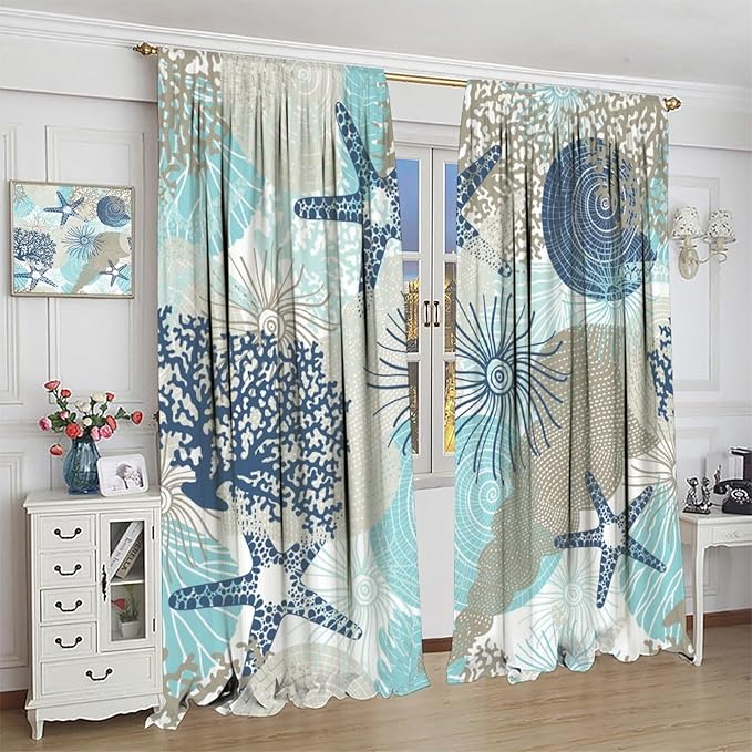 Shell Blackout Curtains Beach Shells Marine Life Water Grass Pattern Printed Curtains Suitable for Living Room Bedroom Privacy Curtains 84x84 Inches