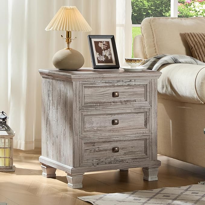 Farmhouse Bedroom Dresser and Nightstand Set of 4, 6 Drawer Low & 5 Drawers Dresser & 3 Drawer Nightstand Set with Wooden Legs, Rustic Wood Furniture for Bedroom, Hallway, Grey