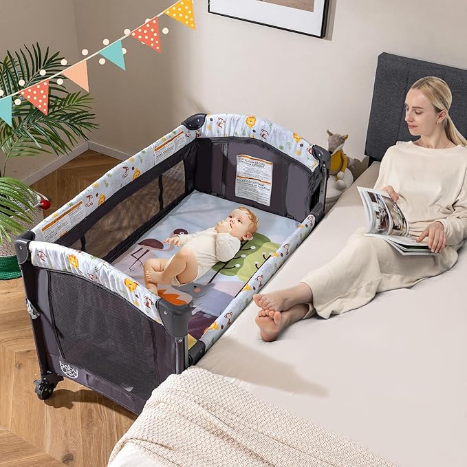 BABY JOY 4 in 1 Pack and Play, Baby Bedside Sleeper with Bassinet, 3 Adjustable Heights, Music Box, Easy to Install, Foldable Bedside Crib w/Changing Table, Playards from Newborn to Toddlers