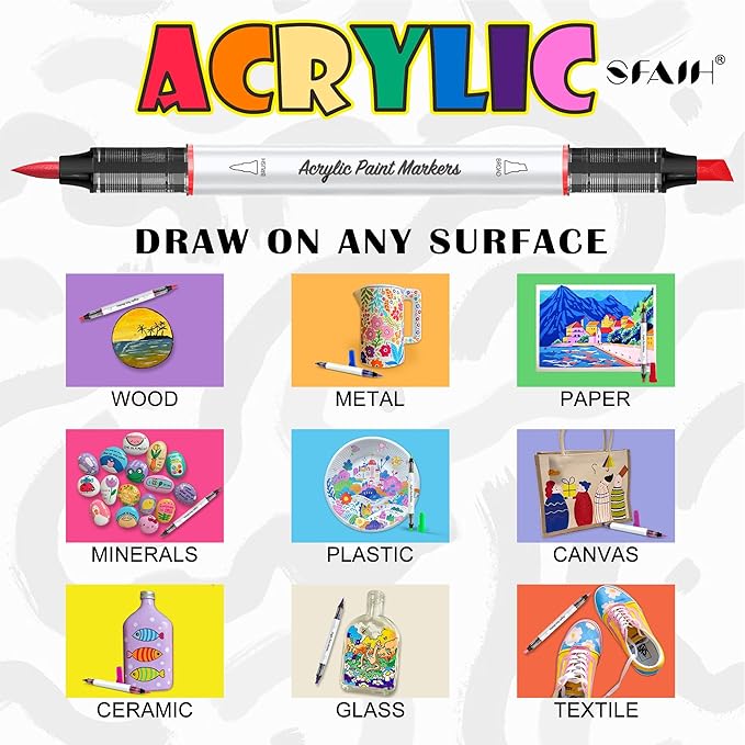 SFAIH Acrylic Paint Creative Markers, 24 Colors Dual Tips Drawing Markers, Ultra-High Coverage, No Bleed Water-Based Ink, Waterproof, Art Supplies for Paper, Fabric, Wood, Ceramic, Glass, Rock, Canvas