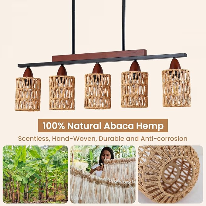 35in Farmhouse Rattan Chandelier Wood Boho Pendant Lighting 5-Light Kitchen Island Light Fixtures Linear Pandeant Light Fixture Rectangle Chandeliers for Dining Room Living Room