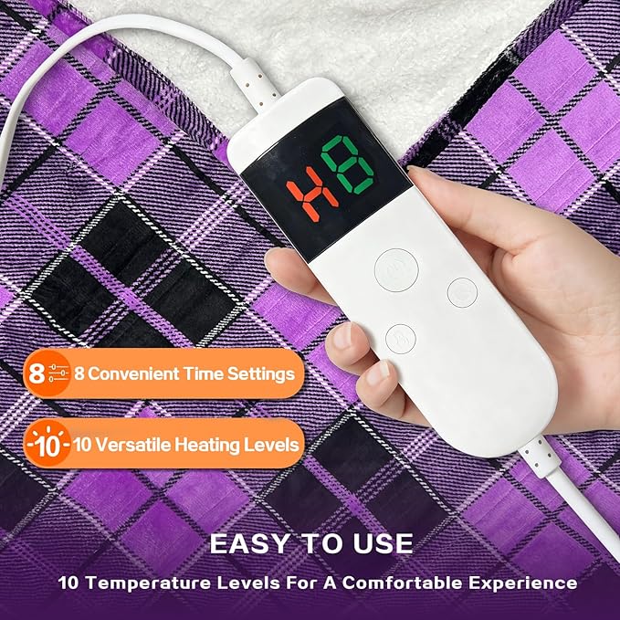 Electric Blanket Heated Twin, Soft Flannel 62"x84" Plaid Heating Blanket with 8 Hours Auto Off 10 Fast Heating Levels Machine Washable Sherpa Heated Blanket with Overheating Protection