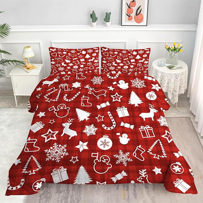 Christmas Plaid Comforter Set: Full Size Cartoon Red Xmas Bedding Sets for Teens Kids Women Christmas Tree Snowflakes Snowman Elk 3 Piece Quilt Bed Set 1 Comforter & 2 Pillowcases