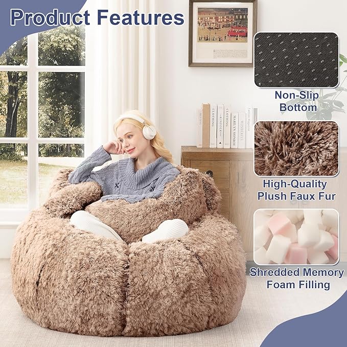 Bean Bag Chair for Adults Teens Giant Faux Fur Bean Bag Chairs with Filler Fluffy Plush Cat Shaped Beanbag Couch Comfy Accent Floor Sofa for Gaming, Reading in Living Room, Bedroom, Dorm