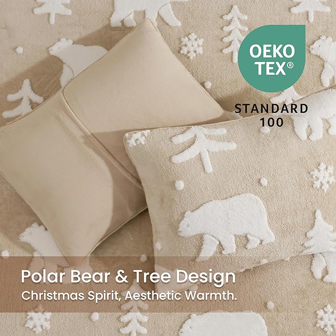 Amélie Home Christmas Comforter Set Queen, Fluffy Christmas Bedding Set with Polar Bear, Beige Fleece Plush Comforter for Winter, 3 Pieces, 1 Soft Comforter and 2 Pillowcases