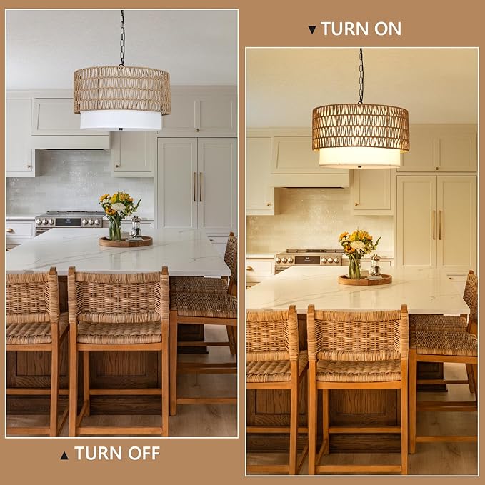 Farmhouse Chandeliers for Dining Room,5-Light Rattan Boho Chandelier Light Fixture with Fabric Shade,Hand Woven Large Rattan Dining Room Light Fixture for Kitchen Bedroom Island Hallway