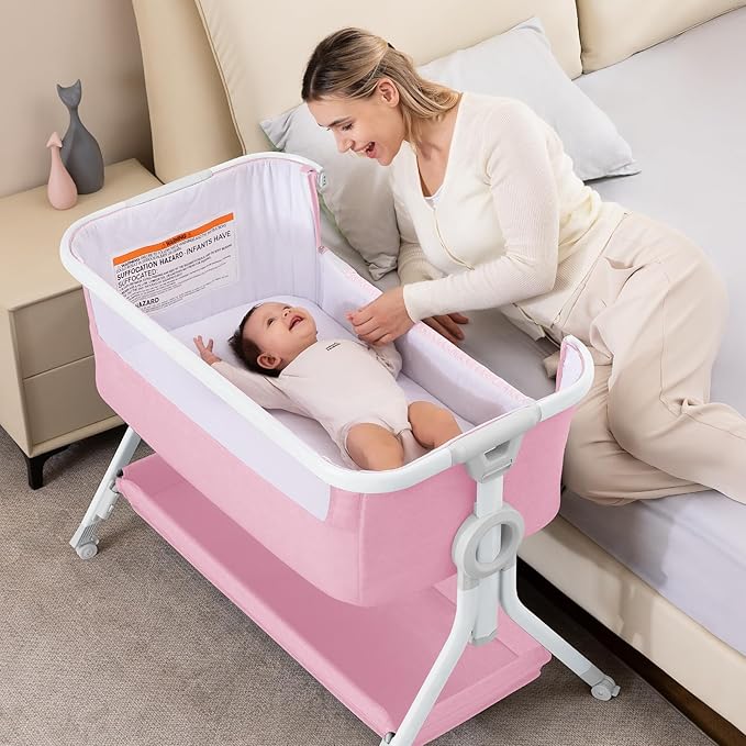 Larex Baby Bassinet, Baby Bassinet Bedside Sleeper with Storage Basket and Wheels, Height Adjustable Portable Crib for Newborn Infant, Easy Assemble and Folding(Pink)