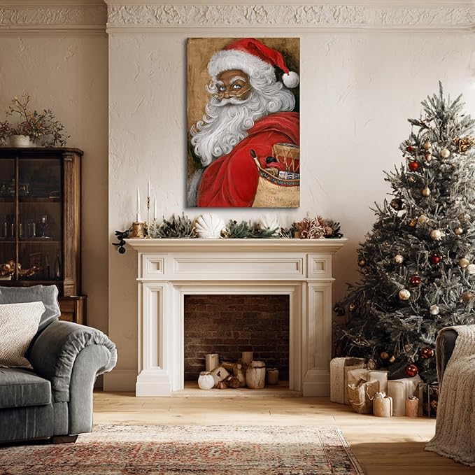 YONICA Christmas Canvas Wall Art Vintage Santa 12x16 Inch Retro Gift Bag with Toys - Large Framed Gallery Wrapped Traditional Decor