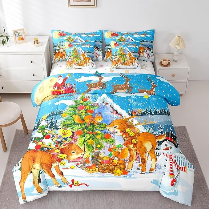 Christmas Decorations Bed in a Bag Xmas Deer Pine Tree Bed Set for Kids Boys Girls Merry Christmas Comforter Set with Sheets Winter Festival Present Bedding Set Bedding Queen Size