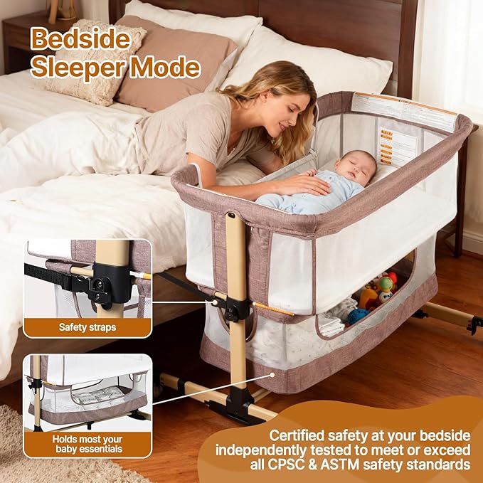 Baby Bassinet Bedside Sleeper, 3-in-1 Bedside Bassinet, 5 Height Adjustable Rocking Baby Crib, Breathable Full Mesh, Mosquito Net, Storage Basket, Stable and Secure Bassinets for Newborn Infant