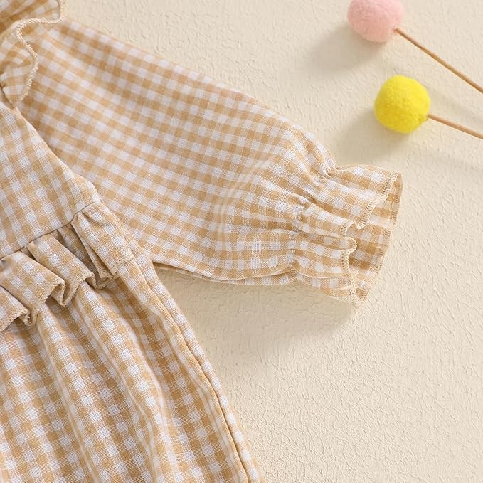 Karuedoo Newborn Baby Girl Clothes Gingham Plaid Bubble Romper Long Sleeve Ruffle Bodysuit with Headband Spring Fall Outfit