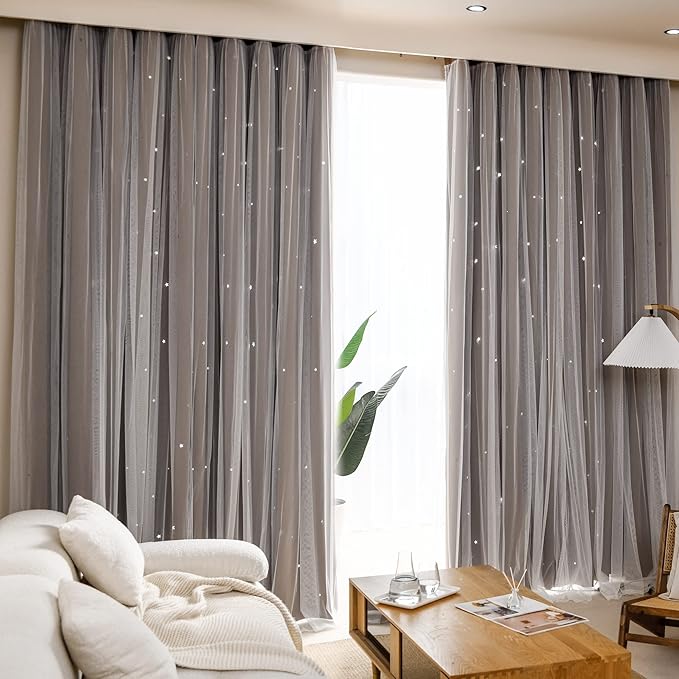 Kinryb Kids Blackout Curtains for Bedroom/Living Room/Classroom, Sheer Overlay 2 Free Tiebacks, Double Layer Curtains with Star Cutout for Kids Room(Each Piece W 70 x L 63 Inches 2 Pcs Coffe)