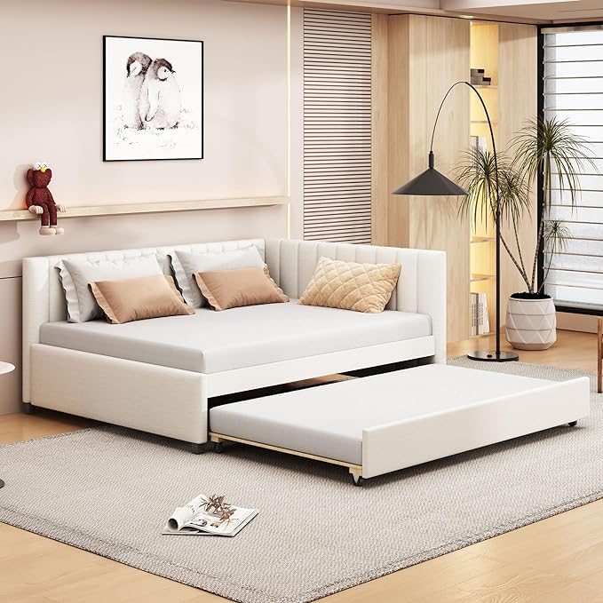 Harper & Bright Designs Full Size Upholstered Daybed with Trundle Sofa Bed Frame for Boys Girls Kids Adults Toddler No Box Spring Needed, Linen Fabric(Beige)