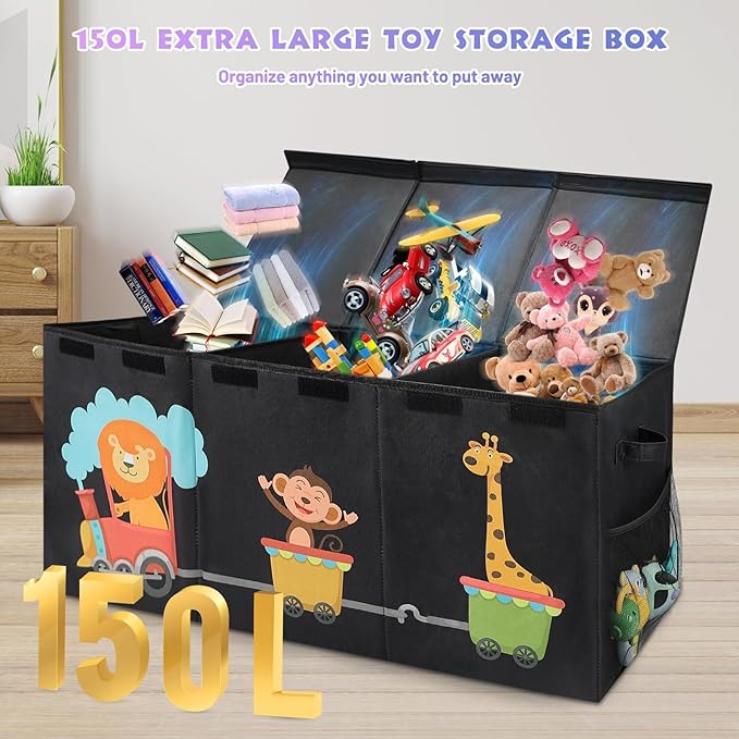 XL Toy Box - Toy Storage Bins with lids, Collapsible Toy Chest for Boys Girls, Kids Big Toy Organizer with Adjustable Dividers for Living Room Area, Playroom, Bedroom