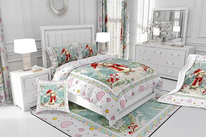 Feelyou Christmas Bedding Set Xmas Tree Snowflake Duvet Cover for Kids Boys Girls Cartoon Mouse Love Print Comforter Cover Cute Animal Bedspread Cover Bedroom Collection 3Pcs King Size,No Comforter