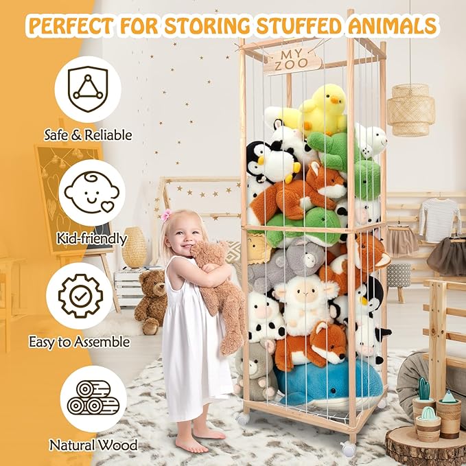 Stuffed Animal Storage Zoo with Wheels, 63'' Tall Large Wooden Plushies Storage Stuffed Animals Holder, Plush Toy Organizer Stuff Animal Zoo with Elastic Band and Net for Toddlers Playroom, Bedroom