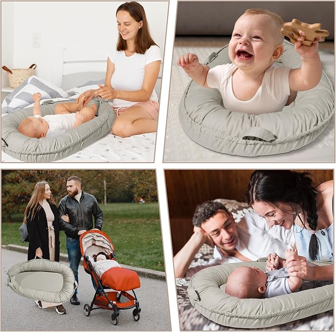 Baby Lounger - Baby Lounger for Newborn 0-24 Months, Soft Breathable Cotton Infant Lounger Cover, Portable Baby Nest for Travel, Newborn Essentials (Silver)
