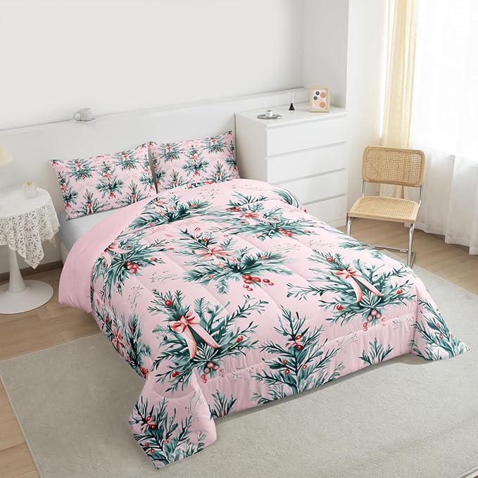 Feelyou Merry Christmas Kids Comforter Set Full Size Green Xmas Tree Bedding Set Pink Bow Duvet Quilt for Kids Boys Girls Bedroom Decor Microfiber Ultra Soft Breathable