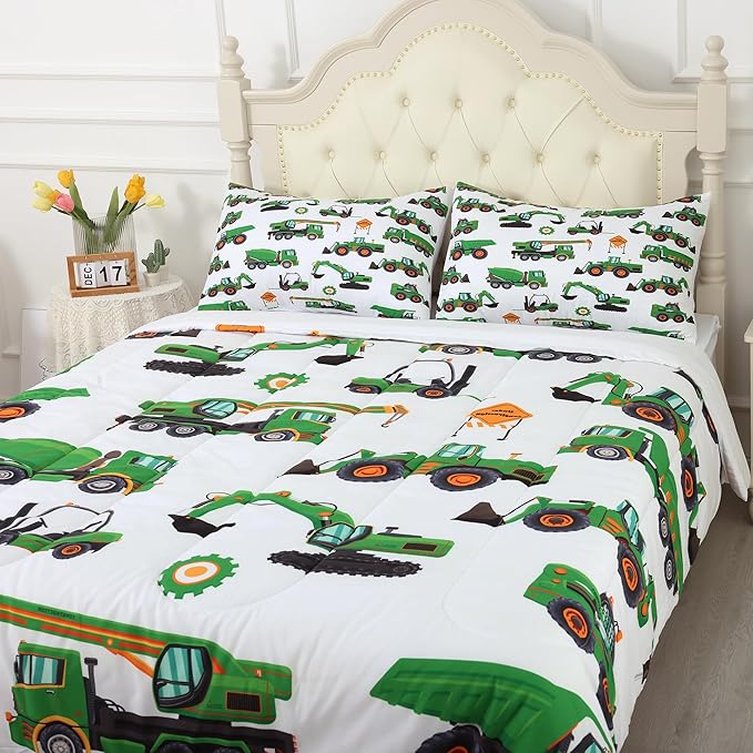 Comforter Set Green Tractor: Twin Size Cartoon Excavator Truck Car Bedding Sets for Boys Kids Teens Toddler Construction Vehicles Quilt Bed Set with 1 Comforter & 1 Pillow Case