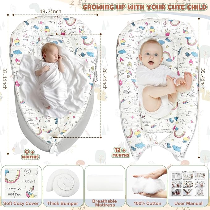 JIFTOK Baby Nests Lounger for Newborn, Snuggle Bassinet for 0-24M, Breathable Portable Co Bed, Baby Essentials Adjustable Infant Soft Cotton Loungers for Home & Travel -Ice Cream