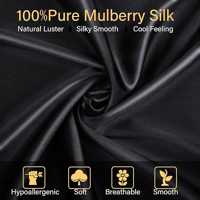 100% Mulberry Silk Pillowcase 2 Pack for Hair and Skin,with Hidden Zipper,Both Sides 22 Momme Natural Silk Pillow Cover,Soft Breathable & Smooth (Black, Queen)