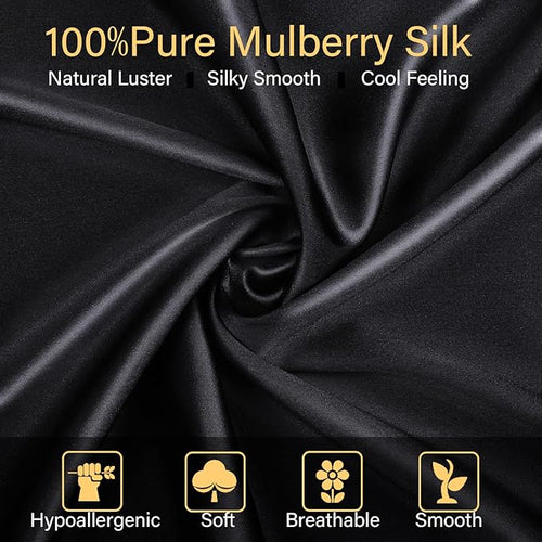 100% Mulberry Silk Pillowcase 2 Pack for Hair and Skin,with Hidden Zipper,Both Sides 22 Momme Natural Silk Pillow Cover,Soft Breathable & Smooth (Black, Queen)