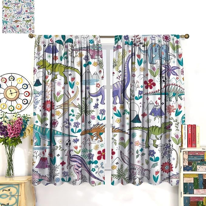 Dinosaur Curtains Cartoon Cool Funny Dino Tropical Plant Leaves Flowers Aesthetics Art Print for Kids Boys Bedroom Living Room Rod Pocket Decoration Window Drapes 2 Panels W21xL54in