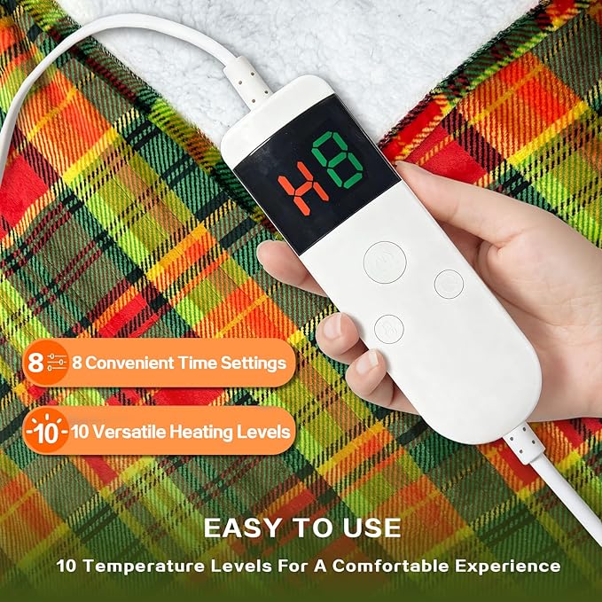 Electric Blanket Heated Twin, Soft Flannel 62"x84" Plaid Heating Blanket with 8 Hours Auto Off 10 Fast Heating Levels Machine Washable Sherpa Heated Blanket with Overheating Protection