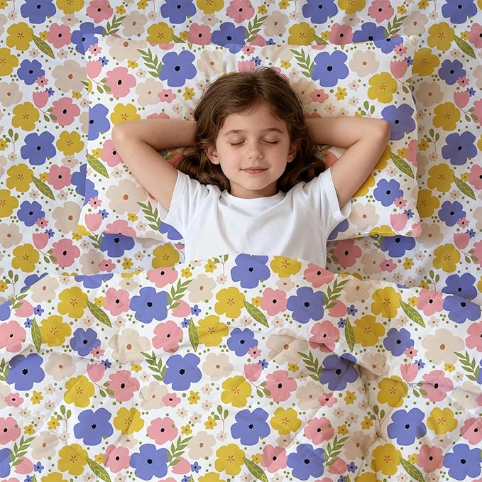 LONAVA Twin Kids Comforter Set - 4 Pieces Twin Bedding Sets for Boys Girls Children, Ultra Soft Microfiber Bed in A Bag with Flat Fitted Sheets, Flower
