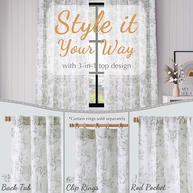 jinchan Linen Nursery Curtains 72 inch Long Woodland Wildlife Sage Green Print Drapes for Kid's Room Light Filtering French Country Farmhouse Curtains with Bunny and Forest Design Set of 2 Panels