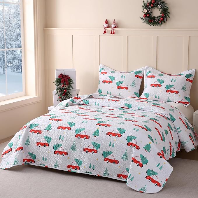 JSD 3 Pcs Kids Christmas Quilt Set Full/Queen, Red Truck Tree Christmas Theme Bedding, Soft Microfiber Bedspread Coverlet Holiday Quilted Blanket