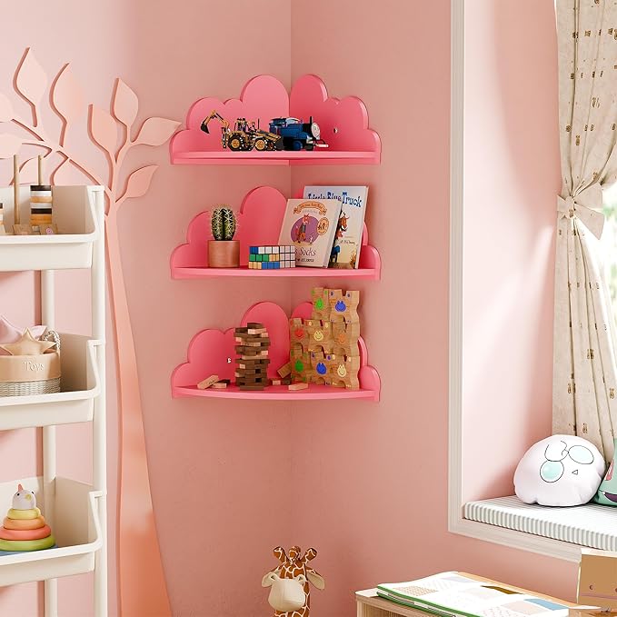 Cloud Floating Corner Shelves - Set of 3 Cloud Corner Wall Shelves for Kid’s Room, Corner Shelf Nursery Wall Deor, Small Cute Cloud Dispaly Shelf Wall Mounted for Toys, Plants & Storage,Pink.