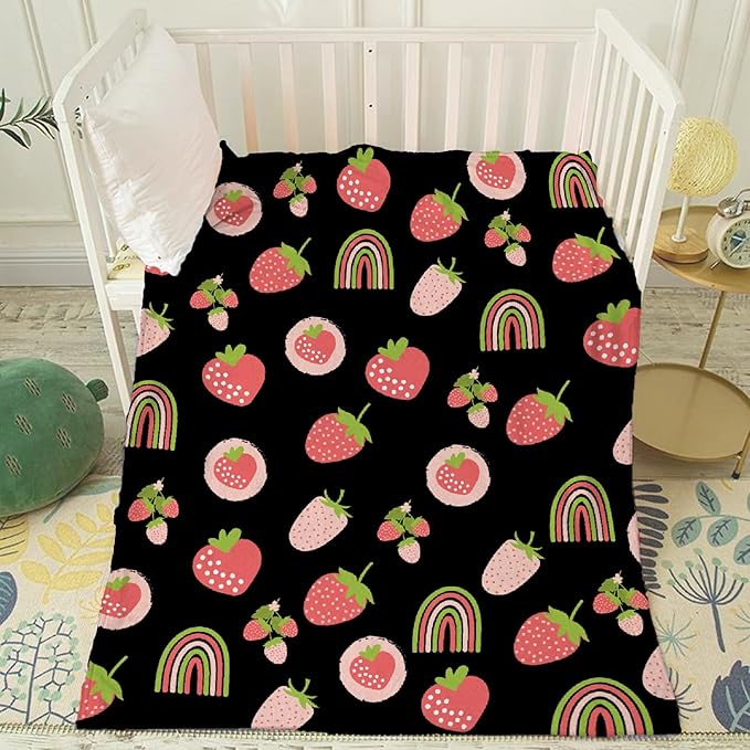 Thuswarm Cute Pink Strawberry Rainbow Flannel Throw Blanket Warm Cozy Soft Funny Print Blankets for Bed Couch Sofa Room Decoration Gifts 120"×90" Extra Large for Family