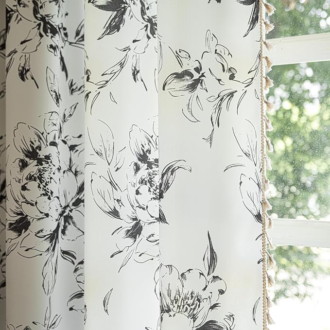 ENJOYBRIDAL Floral Curtains 84 Inches Semi Sheer Living Room Drapes Boho Bedroom Patterned Rod Pocket Window Curtain Panels Floor Length Cute Light Filtering Farmhouse 2 Panels Window Treatments