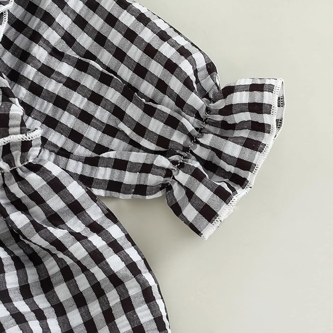 Karuedoo Newborn Baby Girl Clothes Gingham Plaid Bubble Romper Long Sleeve Ruffle Bodysuit with Headband Spring Fall Outfit
