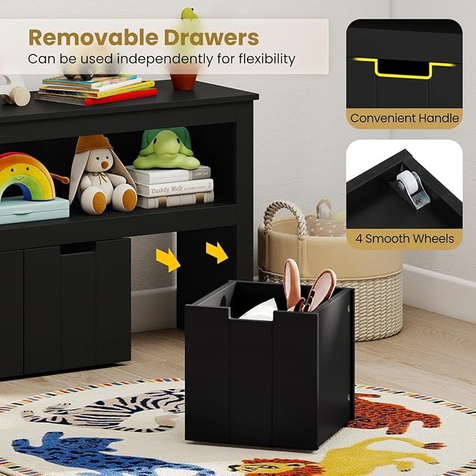 Costzon Toy Storage Cabinet, Toy Chest w/ 3 Removable Drawers, Wheels & Spacious Tabletop, Toddler Storage Organizer for Kids Room, Playroom & Nursery (Black, 13" D x 40" W x 24.5" H (3 Drawers))