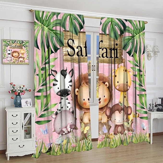Kids Safari Animals Curtains, Cartoon Wildlife Tropical Leaf Pink Blackout Window Treatments, Rod Pocket Thermal Insulated Drapes 2 Panel Sets for Bedroom Nursery Classroom, 42" W X 45" L