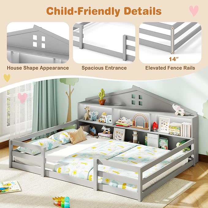 KOMFOTT Full Floor Bed with Bookcase & LED Light, Wood Bed Frame with Bedside Bookshelves & Guardrails, Versatile 2-in-1 Montessori Floor Bed for Kids