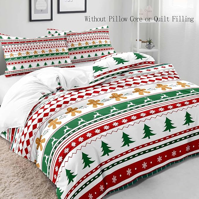 LUVIVIHOME 3PCS Christmas Duvet Cover Queen Bedding Sets, Gingerbread Man Christmas Tree Snowflake Poinsettia Reindeer Winter Holiday Xmas Gifts Red Green White Striped Comforter Cover, 2 Pillow Shams