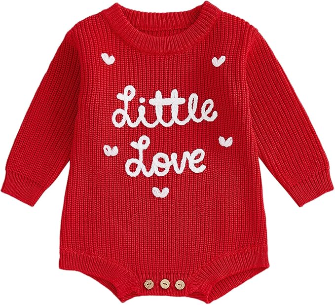 Lesimsam Newborn Baby Boy Girl Valentines Day Outfit Oversized Embroidery Long Sleeve Knit Sweater Bubble Romper Bodysuit