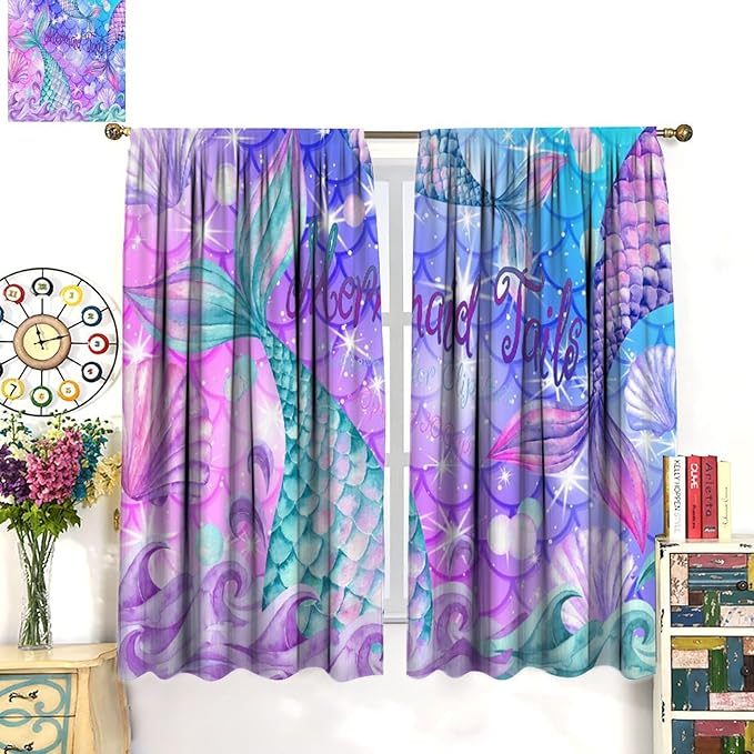 Dream Mermaid Curtain Colorful Mermaid Shell Ocean Theme Fantasy Blackout Curtains for Kids Boys Girls Bedroom Nursery Room Decor Rod Pocket Window Drapes 52x84in