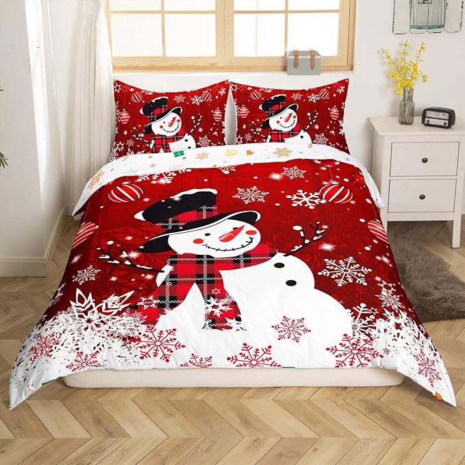 Manfei Snowman Duvet Cover Set Twin Size, Snowflake Balloon Xmas Decor Comforter Cover with 1 Pillowcase, Christmas Red Bedding Set 2pcs for Kids Boy Girls Lightweight Bedspread Cover,No Comforter