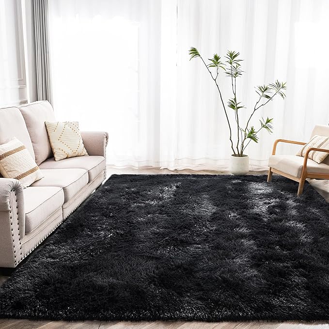 Fluffy Rug Lightweight 6x9 Feet, Black Cool Rugs for Bedroom Non Slip, Soft Fuzzy Aesthetic Rugs for Bedroom Men